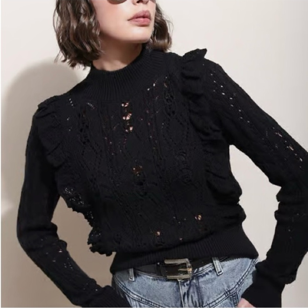 Zara Black Ruffled Lace Cropped Turtleneck Sweater Size Small